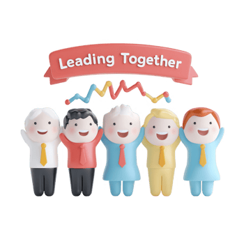 A colorful illustration of diverse leaders celebrating teamwork and collaboration. png