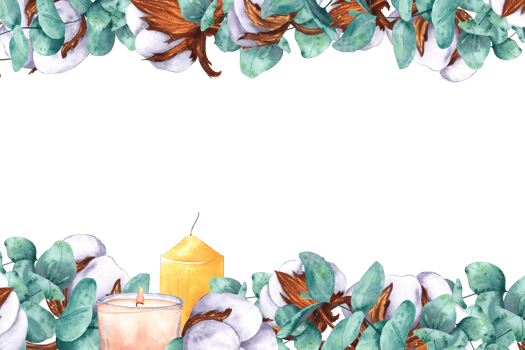 Dry cotton bolls and eucalyptus branches, candles. Rectangular festive frame, blank, postcard. Hand-drawn watercolor illustration. For decor, design, printing and typography png