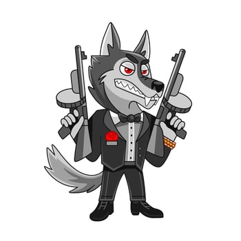 Illustration of a humanoid wolf character with two Thompson submachine guns in his hands in a cute cartoon style. vector