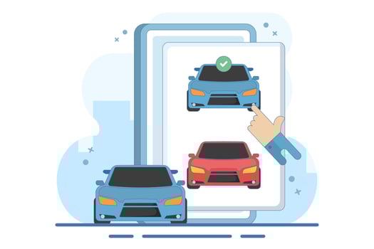 Concept of online car buying website or car rental shop comparison website via internet by choosing car on digital tablet computer, buy and sell web store. Flat illustration on background. vector