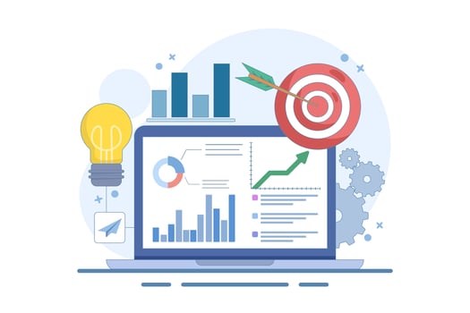 Business Chart Report on Laptop and Target Arrow. Analyst analyzing financial charts and graphs. Business Marketing Dashboard Concept. Profit optimization. vector