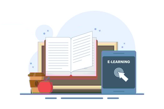 Online education concept, smart devices, open book, Apple, digital marketing. Gaining knowledge to achieve success and better ideas. Online education or business training. illustration. vector