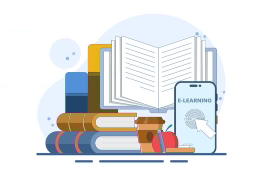 Online education concept, smart devices, open book, Apple, digital marketing. Gaining knowledge to achieve success and better ideas. Online education or business training. illustration. vector