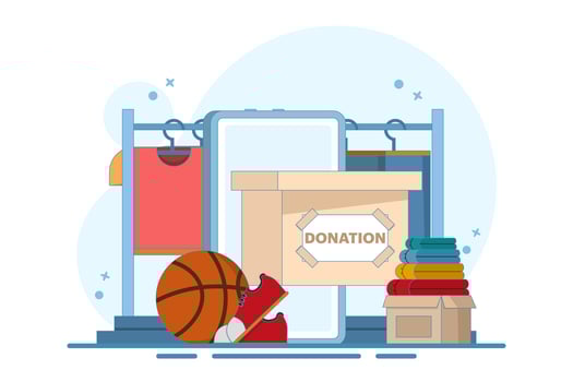 Online Donation Concept for community, smart devices with equipment, clothes and shoes, digital marketing. Charity, love and community support. Flat illustration on background. vector