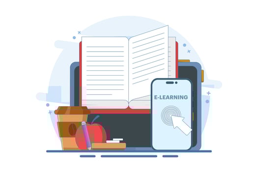 Online education concept, smart devices, open book, Apple, digital marketing. Gaining knowledge to achieve success and better ideas. Online education or business training. illustration. vector