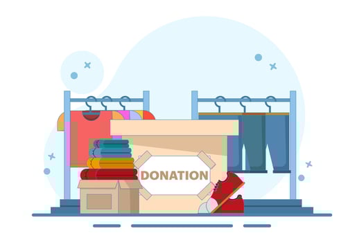 Online Donation Concept for community, smart devices with equipment, clothes and shoes, digital marketing. Charity, love and community support. Flat illustration on background. vector