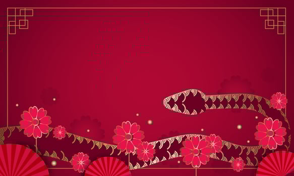 Asian red background with flowers snake symbol of the year. Chinese New Year card vector