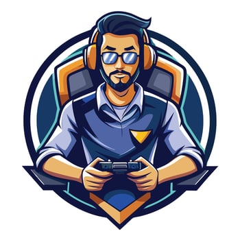a man with glasses and a headset holding a controller vector