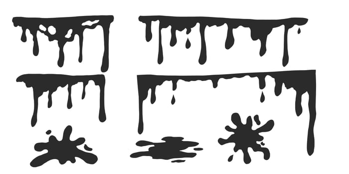 Paint drip splatter, liquid stain fluid ink droplet. Graffiti splash black melt. Paint flows, melt spray border. vector