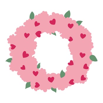 A pink flower wreath with hearts on it. The wreath is made of pink flowers and leaves vector