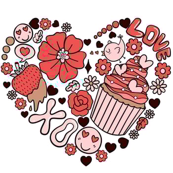 Heart-Shaped Love Collage with Flowers, Cupcakes, Strawberries, and Romantic Elements in Vibrant Red and Pink Tones Illustration by hand drawn. vector