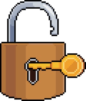 Pixel art of open padlock with golden key in 8-bit style on white background vector
