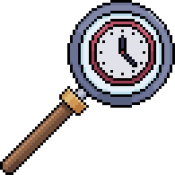 Pixel art of magnifying glass analyzing clock in 8-bit style on white background vector
