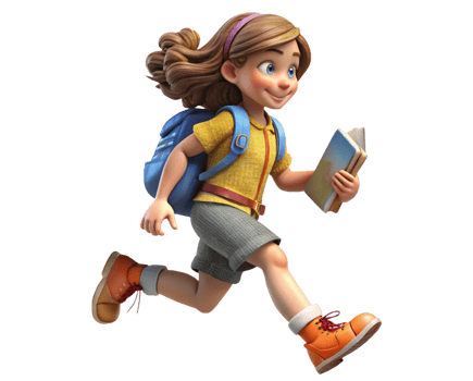 Young Girl Dashing with Book and Backpack png