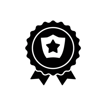 A black medal icon features a star within a shield at its center, surrounded by a scalloped edge and ribbons cutouts png