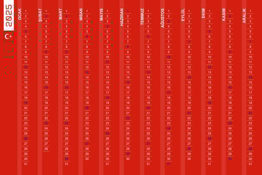One-row vertical calendar for the year 2025 in Turkish. Turkish calendar for 2025 with highlighted Sundays. vector
