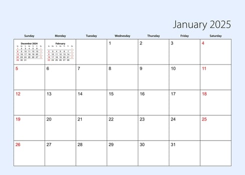 Wall calendar planner for January 2025. English language, week starts from Sunday. vector
