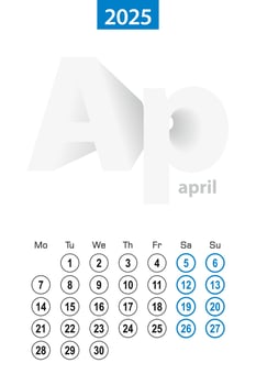 Calendar for April 2025, blue circle design. English language, week starts on Monday. vector