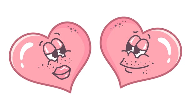 Valentine characters smile at each other. Flirting couple. Doodle Hand drawn outline Groovy hearts in Retro style. Valentine's Day clipart. illustration vector