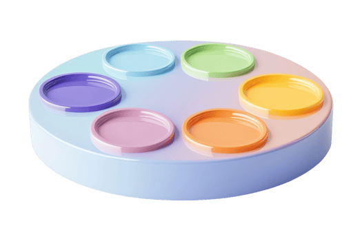 A colorful plate with six different colored cups png