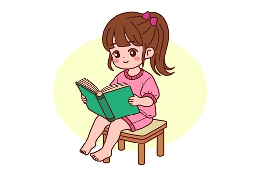 A little girl in pink is reading a book. illustration in cartoon style. vector