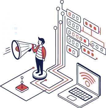A man is standing next to a laptop and a megaphone vector