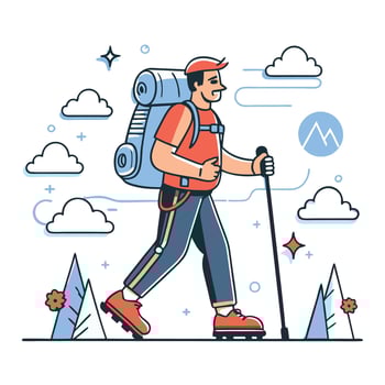 Adventurous Backpackers Exploring Majestic Mountains on Hiking Expedition vector