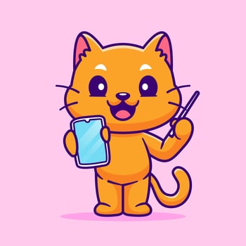 Cute Cat Holding Phone And Pen Cartoon vector
