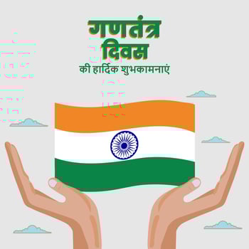 Happy Republic Day Wishes Hindi Text with Hands Holding Indian Flag on White Background. vector