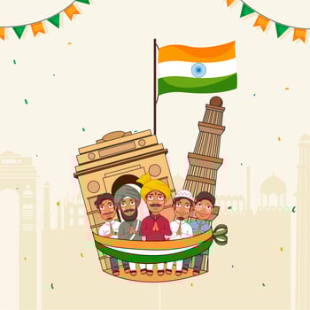 Different Religion Men Doing Namaste Welcome Showing Diversity of India with Wavy Indian Flag on Famous Monuments Background. vector