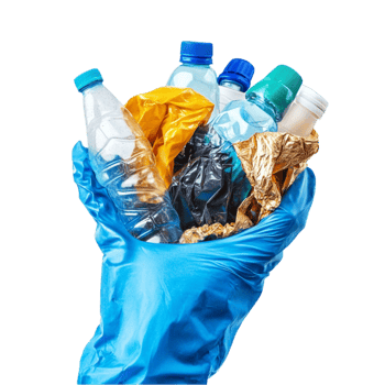 Plastic Bottles in Blue Gloves png