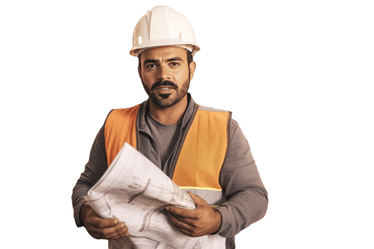 Portrait of Engineer Holding Blueprint and Wearing White Helmet. . png