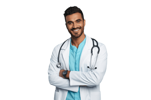 Happy Portrait of Young Male Doctor Wearing Stethoscope and Arms Crossed. . png
