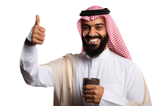 Happy Sheikh Portrait Giving Thumb Up and Holding Cup of Tea or Coffee. . png