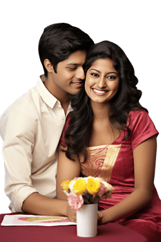A Embracing Young Couple Sitting a Table with Flower and Card, Created By . png