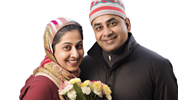 A Cute Middle Age Indian Couple Together Holding Flowers, Created By . png