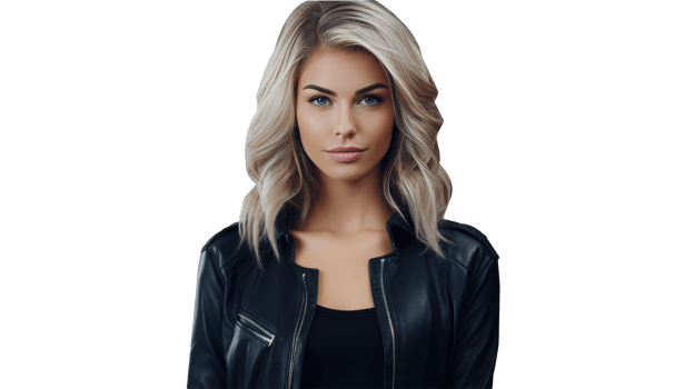 Alluring Blonde Woman Wearing Black Leather Jacket with Golden Short Hair. A Ficitious Character Created By . png