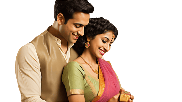 Lovely Indian Couple Embracing Each Other and Holding a Box of Gift, Created By , png