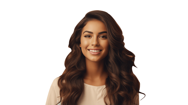 Side View of Bright Toothy Brunette Woman with Smile on Face and Brown Open Hair. A Fictitious Character Created By . png