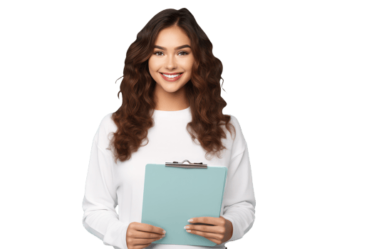Attractive Young Woman Holding Notepad with Smile on Face. A Fictitious Character Created By . png