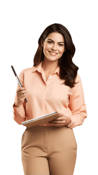 Cute Smiling Young Woman Holding Notepad, Pen. A Fictitious Character Created By . png