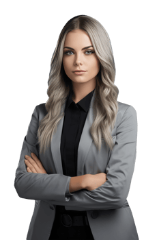Beautiful Young Businesswoman Looks Camera without Emotions with Crossed Hands and Grey Hair. A Fictitious Character Created By . png