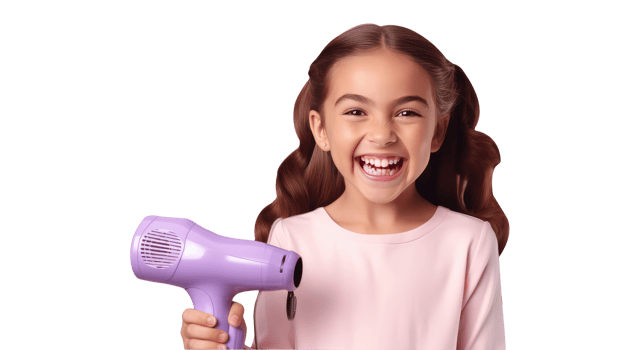 Joyful Young Girl with Hair Dryer, Portrait Created By . png