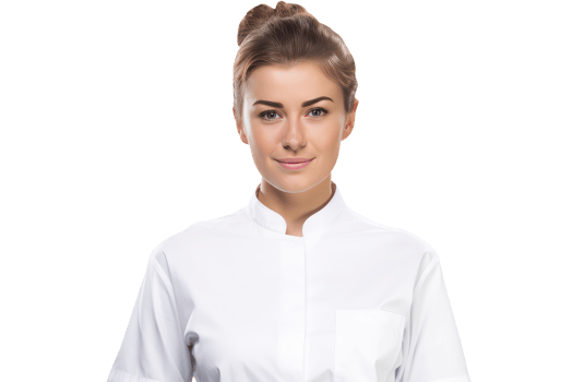 Smiling Young Woman Wearing White Shirt and Golden Hair Bun. A Fictitious Character Created By . png