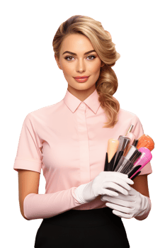 Makeup Artist Female Holding Tools with Golden Hair in Pink Shirt. A Fictitious Character Created By . png