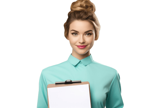 Portrait of Blonde Young Woman Holding Clipboard with Golden Hair in Turqoise Shirt. A Fictitious Character Created By . png