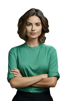 Side View of Smiling Young Woman Wearing Turquoise Shirt and Golden Hair. A Fictitious Character Created By . png