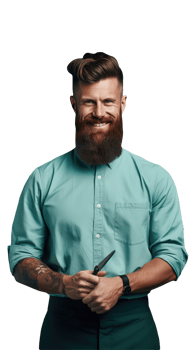 A Barber or Hairstylist Portrait of Bright Smiling Beard Man Holding Scissor. A Fictitious Character Created By . png