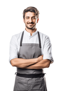 Charming Cheerful Cheery Man Wearing Uniform as Shirt with Apron. A Fictitious Character Created By . png