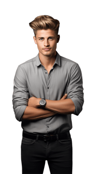 A Bright Woman Wearing Grey Shirt, Jeans and Golden Hair. A Fictitious Character Created By . png